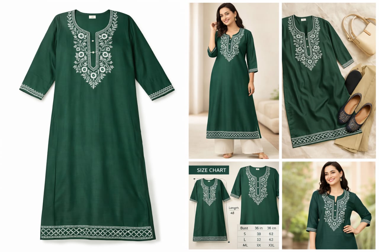 ThreadFash Sage Green Embroidered Kurti - Sequin Work Collection